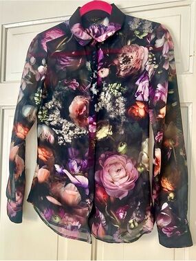 Ted Baker ‘Malinda’ Black Sheer Floral Button-Down Blouse